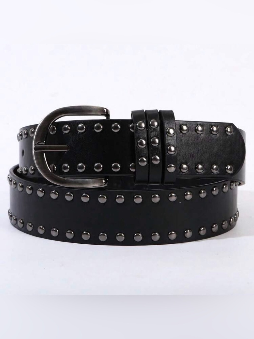 Women’s Metal Buckle Double Row Rivet PU Leather Belt - BLACK